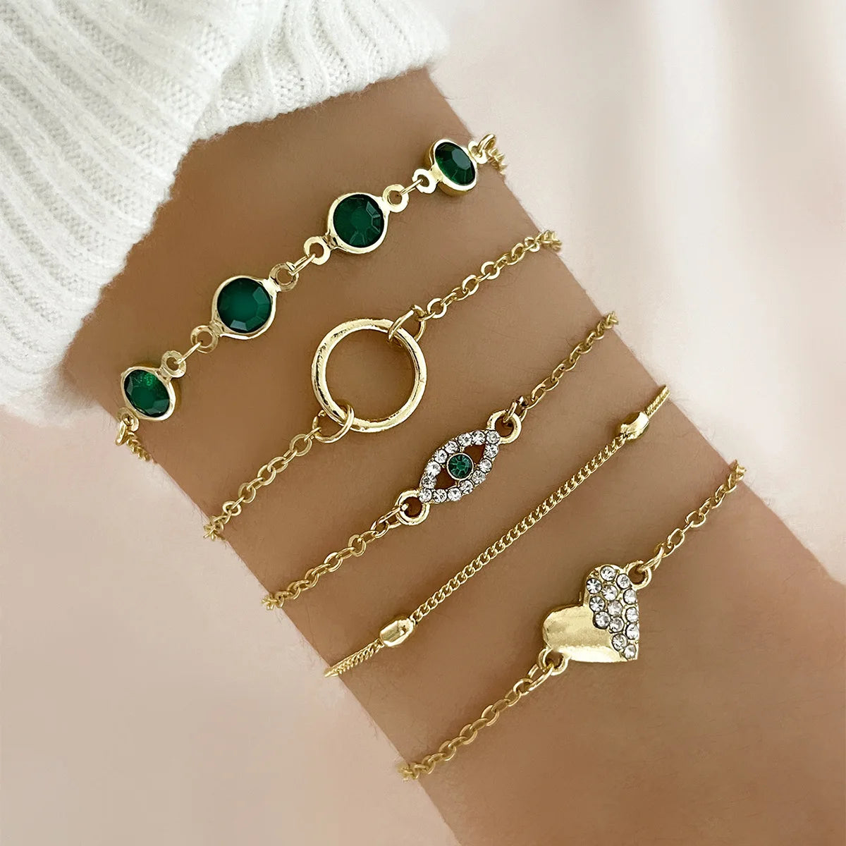 4PCS Set Green Emerald Bracelets Charm Fine Jewelry for Women Girls