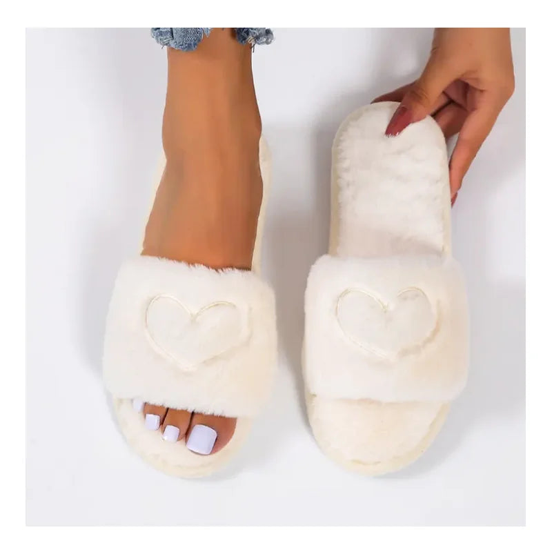 Wholesale Fashion Women's Slippers Heart Valentines Shoes Indoor Fur Love Heart Plush Non-slip Slipper for Home