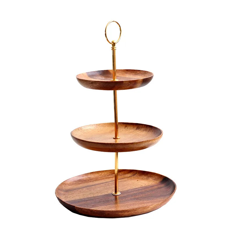 European Style Acacia Three-Layer Cake Stand Household Living Room Multi-Level Dessert Candy Fruit Plate Tableware