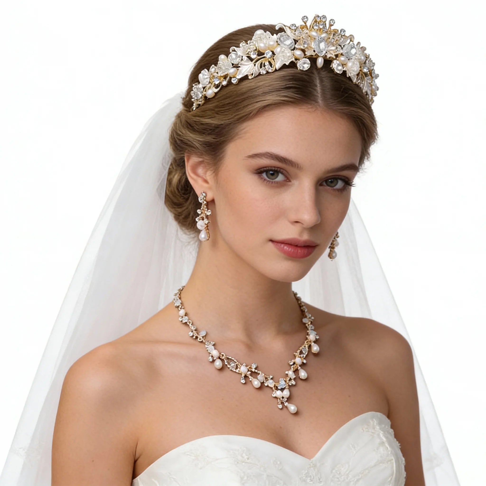 Forest Theme Bridal Tiara Set with Hair Vine & Jewelry - 3PC Boho Wedding Crown