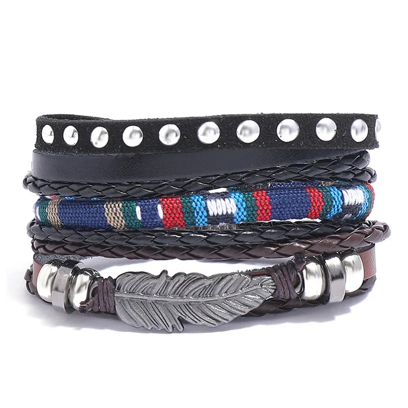 Handmade Braided Leather Bracelets for Men and Women New Fashion Wristbands with Feather Inlay Charm Jewelry