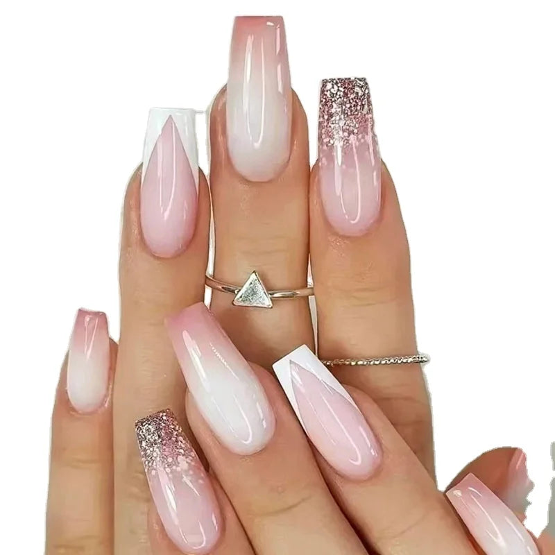 New Ballerina Gradient Pink Glitter False Nails Western Customized Art Style Finger Sets Long Coffin Artificial Press on Nail