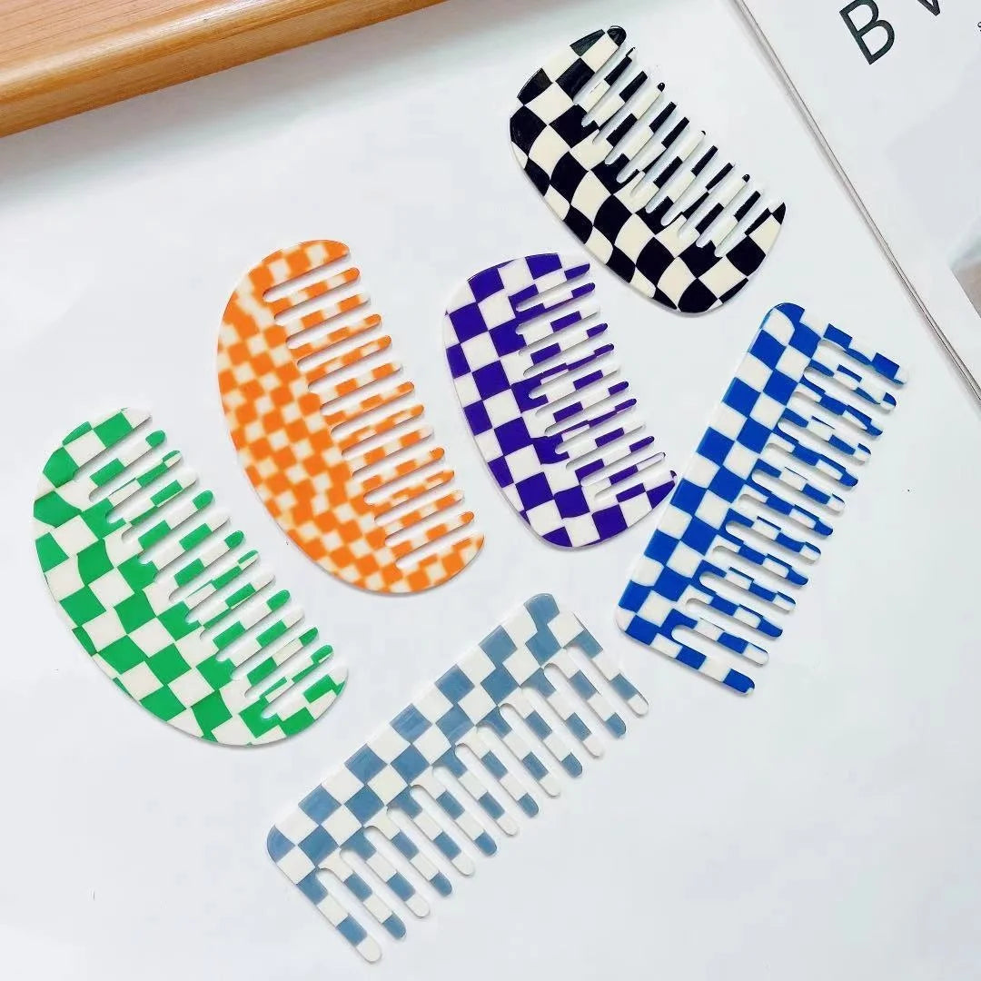 2.5 MM Thick Wholesale Custom Logo Checker Claws Hair Combs Cellulose Acetate Checkered Hair Wide Tooth Comb for Women Men
