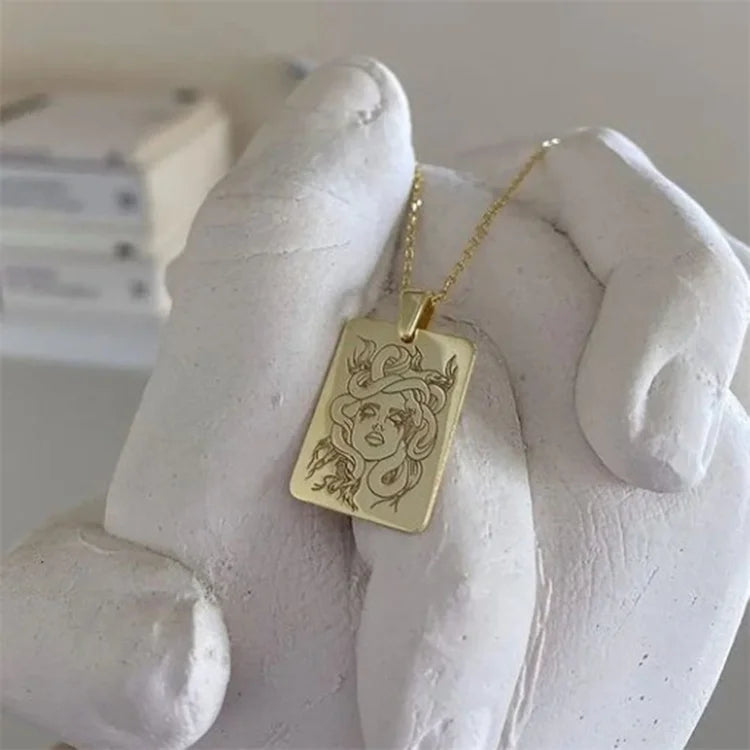 Custom Double Sided Engraved Rectangle square Pvd Gold Plated Stainless Steel Jewelry Snake Blank Pendant Necklace Medusa