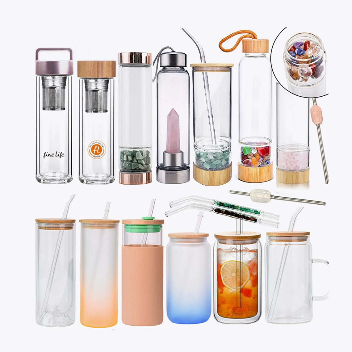 High Quality Crystal Glass Rose Gold 500ml Insulated Portable Minimalist Water Bottle with Healing Energy Crystal Infused Elixir