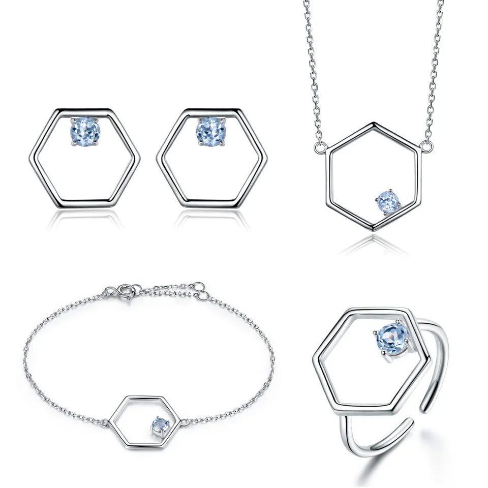 Natural Blue Topaz Jewelry Set 925 Sterling Silver Necklace Ring Earrings Bracelet for Women Wedding Party Gift Jewelry