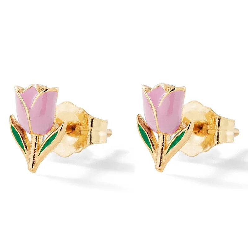 Milskye Cute Children Girls Jewelry 14k Gold Plated S925 pink Green Enamel Flower Stud Earrings