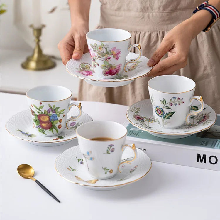 European Creative Porcelain Coffee Cup French Palace Style Flowers Painted in Gold Custom Restaurant Afternoon Tea Set Drinkware