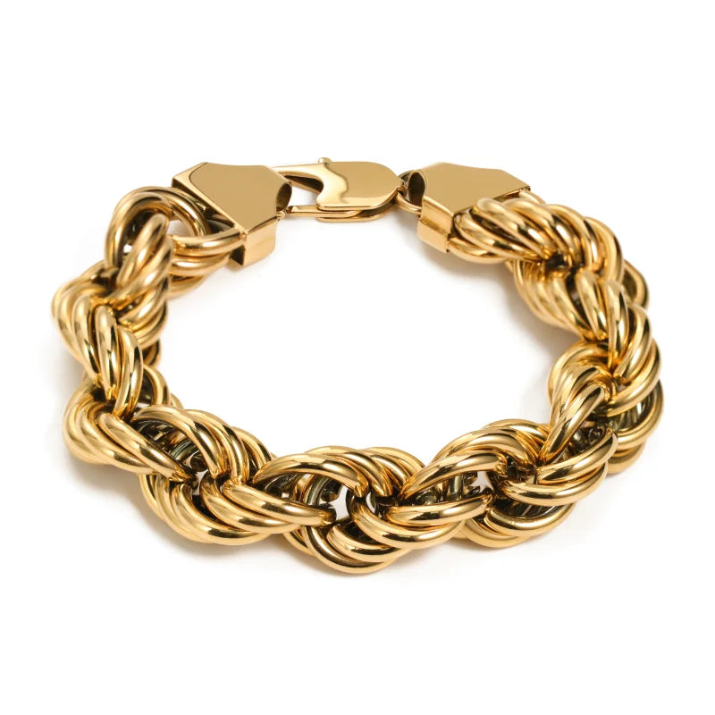 Hip Hop Custom Logo Bijoux Unisex 16mm Twist Heavy Chunky Big Gold Plated Rope Chain Stainless Steel Certified Bracelet
