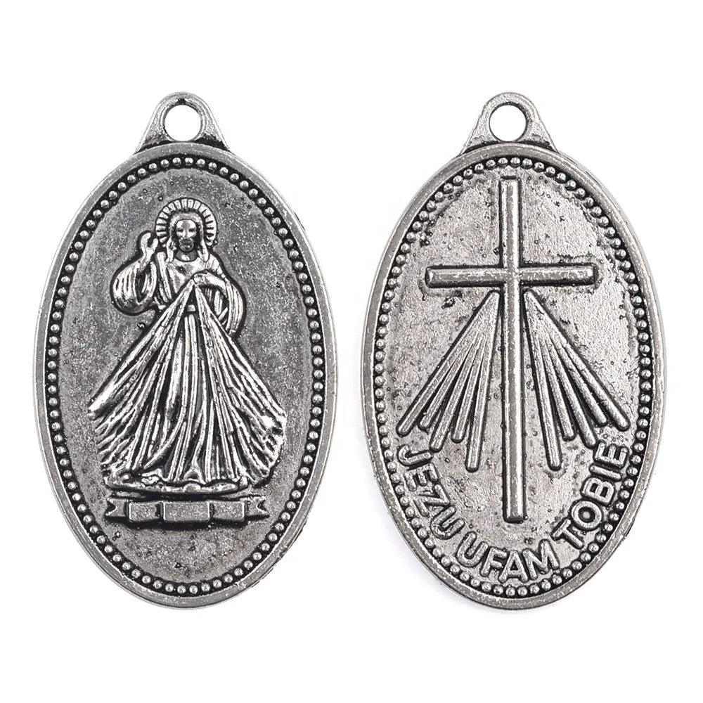 High Quality Catholic Alloy Jesus Merciful Medal 36x21mm Religious Plated Metal Pendant for Rosary Jewelry Making or Gift