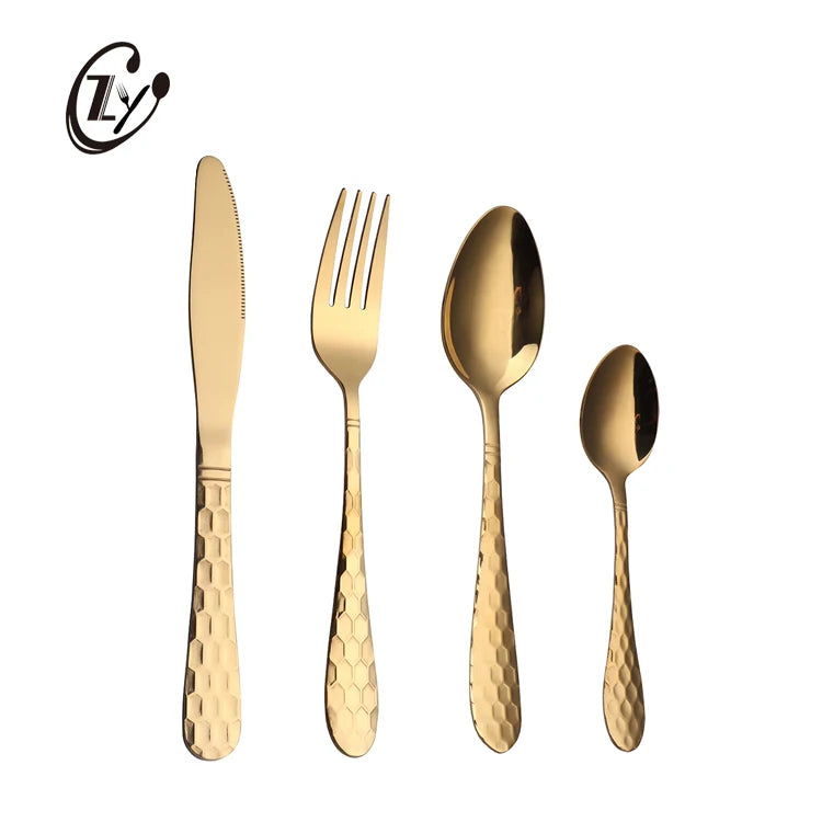Honey Comb Handle Stainless Steel Cutlery Set Hammered Pattern Handle 4pcs Flatware Set