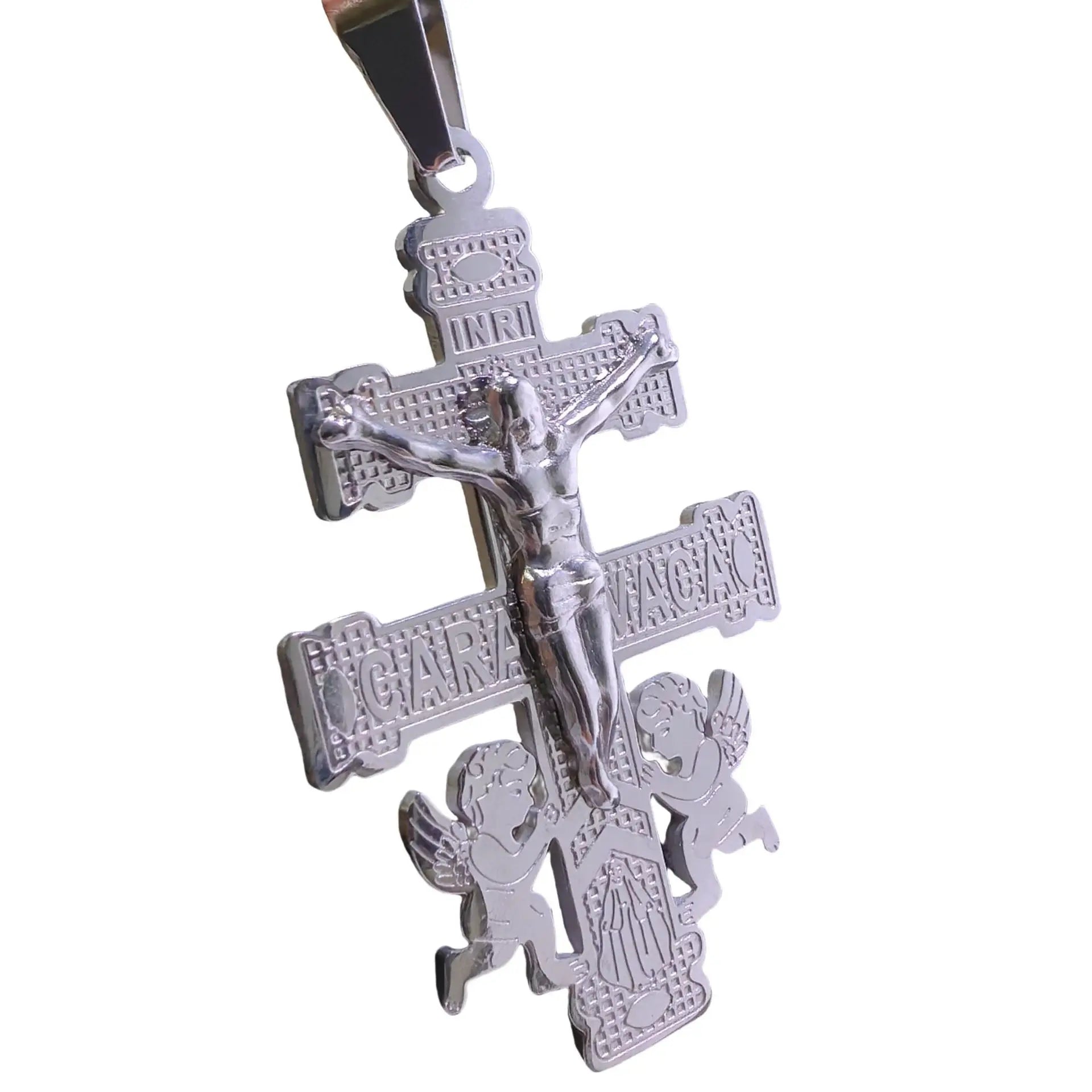 Stainless Steel Saint Benedict Jesus Cross Pendant Double Angel Necklace Men Women Christian Prayer Amulet Jewelry Religious