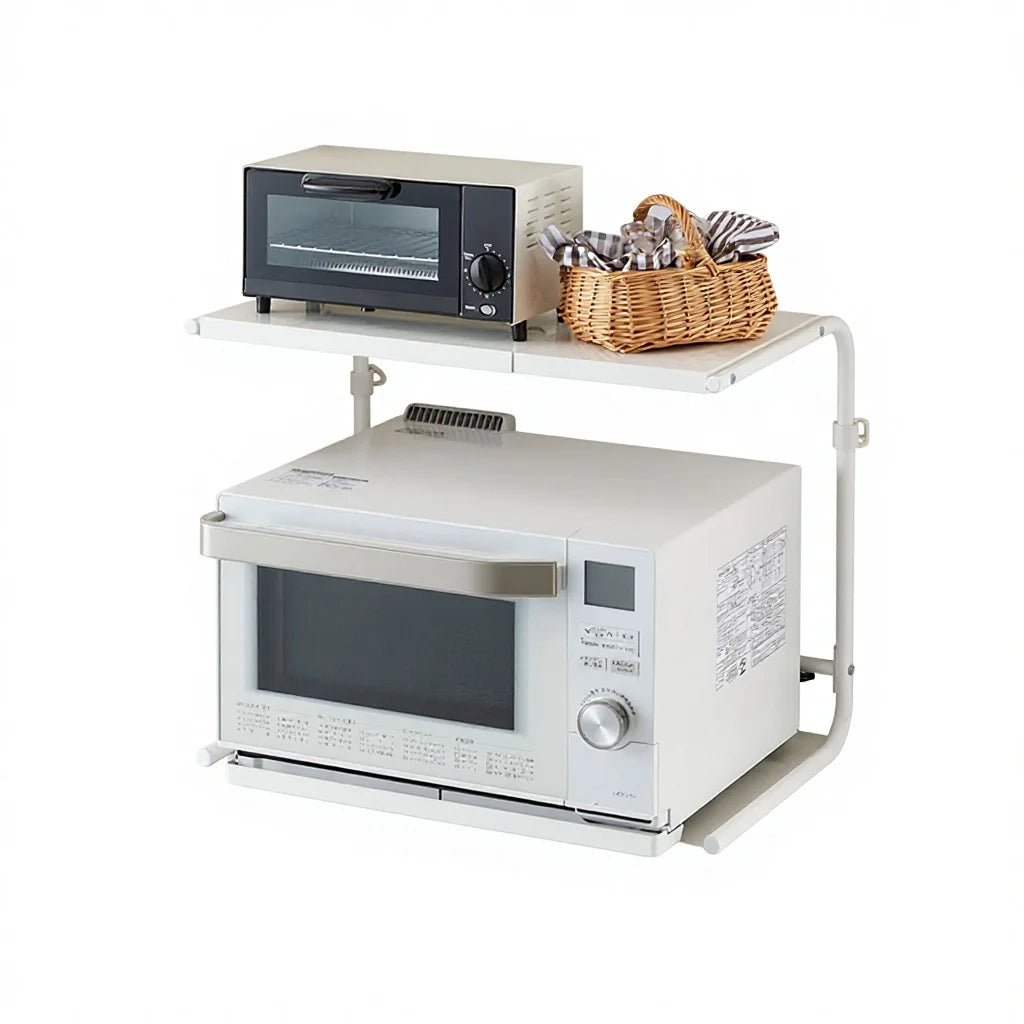 Extendable Microwave Oven Rack Shelf Stand with 2 Tier Storage Holder Unit Desktop Organizer for Office Kitchen Bedroom Bathroom