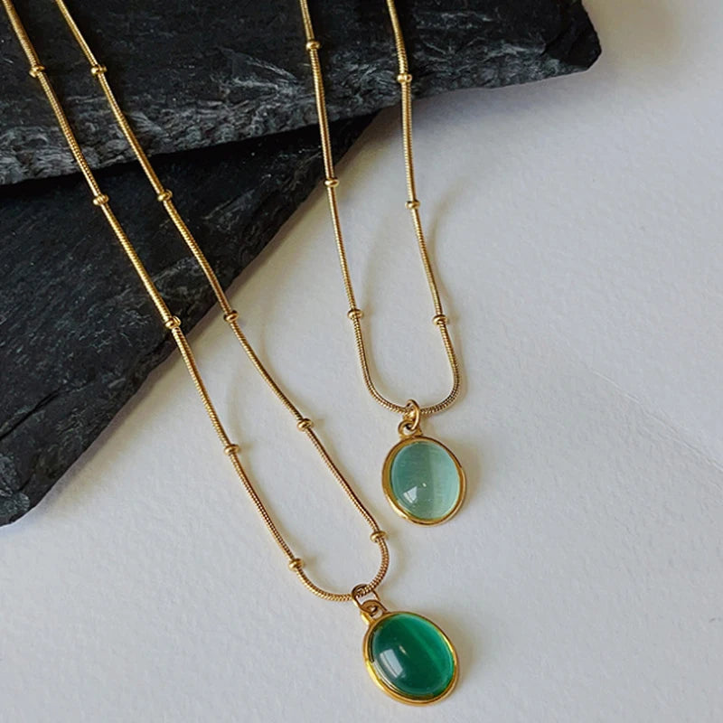 Vintage Anniversary 18K Gold Plated Stainless Steel Beads Chain Natural Stone Oval Opal Pendant Clavicle Necklace