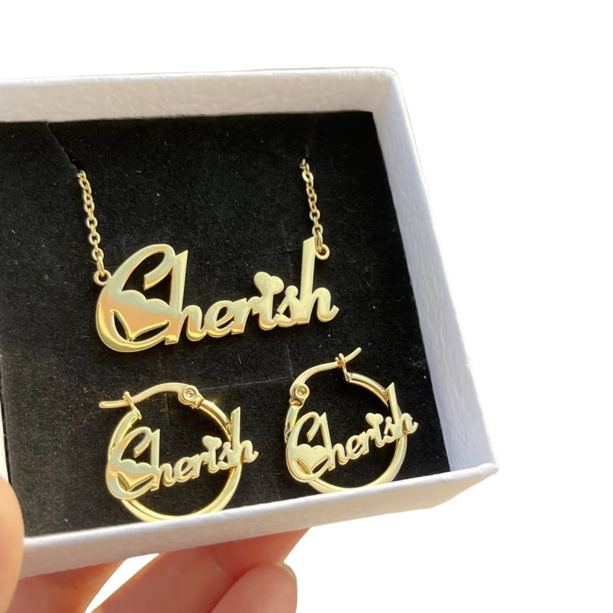 QIUHAN 20mm Nameplate Hoops Stainless Steel Name Necklace Custom Earring Jewelry Set
