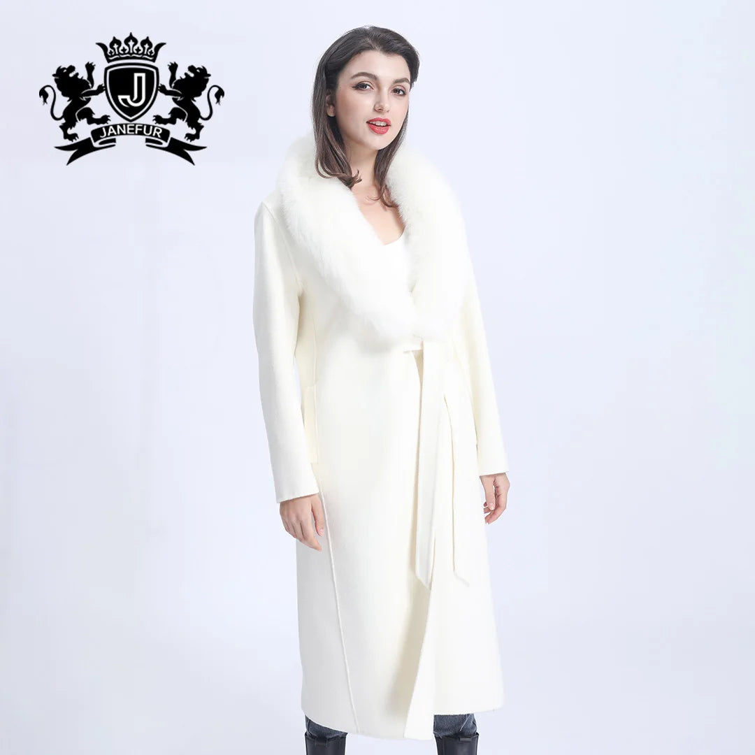 European Handmade Luxury Wool Cashmere Fox Fur Collar Coat