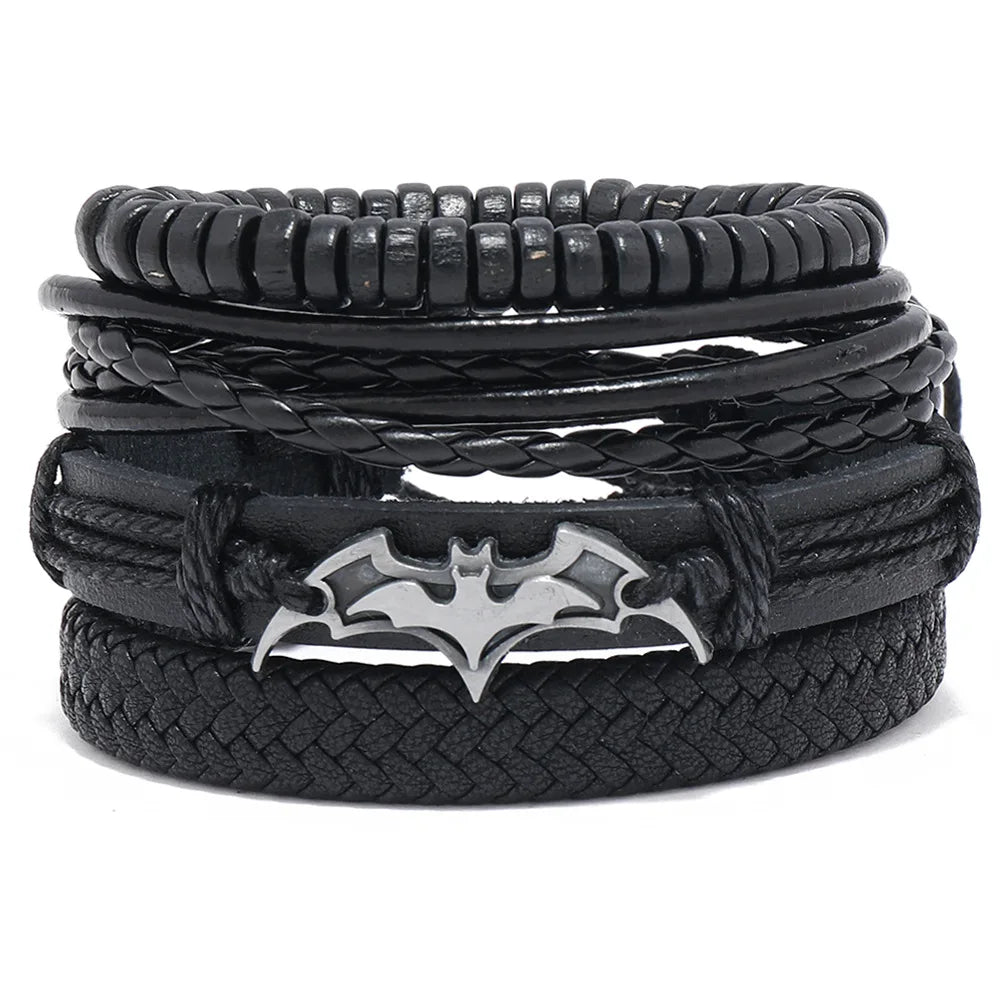 2023 New Design Black Leather Men Bracelet 4in 1 Vintage Leather Bracelets Set for Man