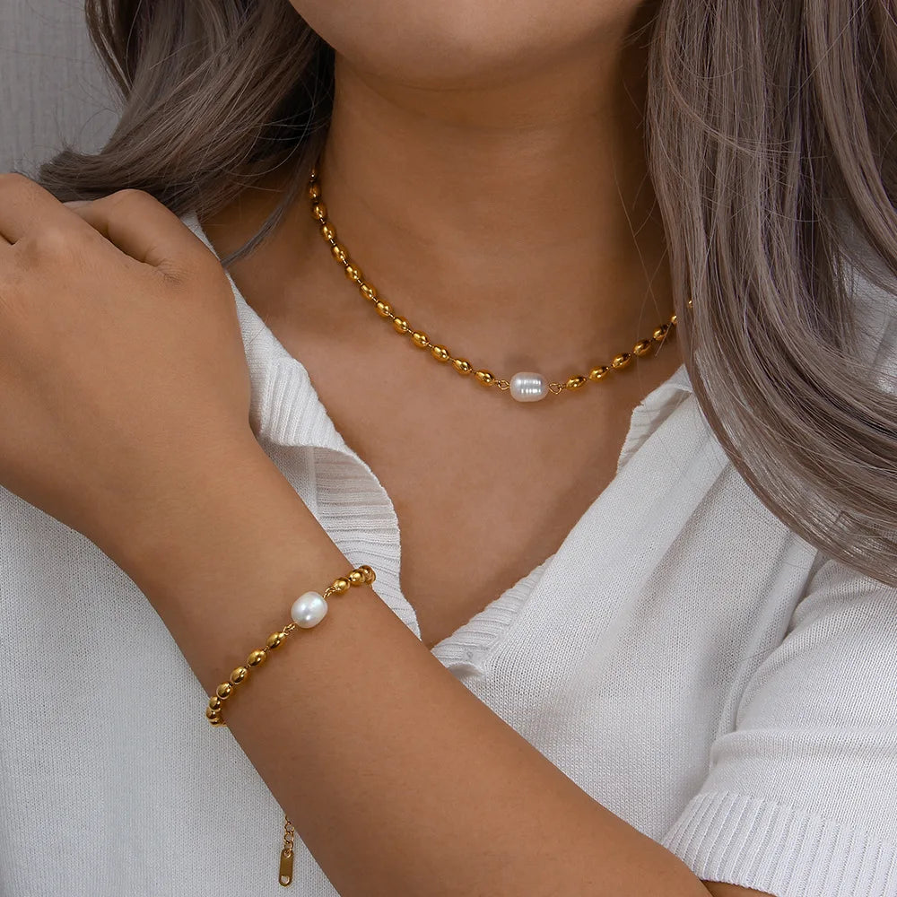2022 Waterproof Fashion 18K Gold Plating Oval Shaped Beads Chain Freshwater Pearl Bracelet Necklace for Women Jewelry