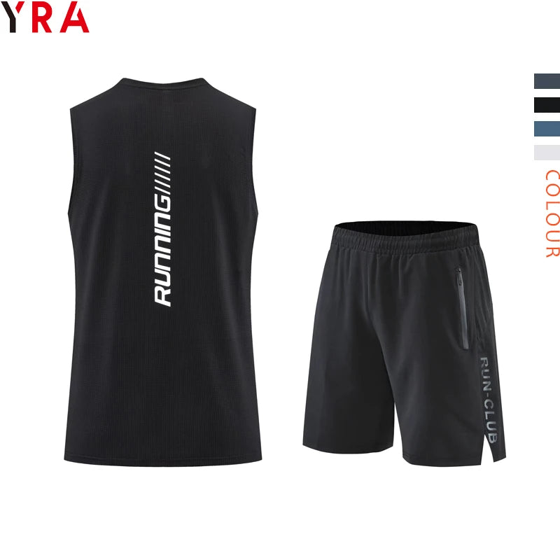 Men's Summer Solid Knee Length Breathable Gym Fitness Tank Top and Shorts Set Athletic Wear Sporty Style