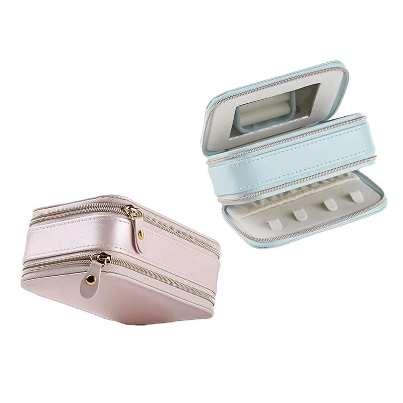 Pink Blue Leather Jewelry  Necklace Rings Set Travel Organizer Zipper Case Storage Box With Mirror