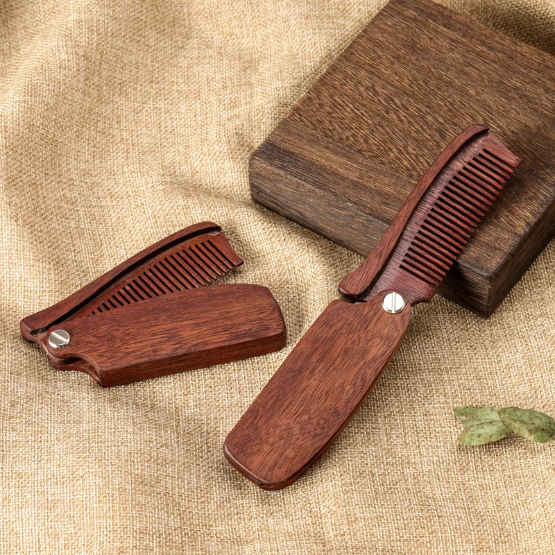 Handmade Sandalwood Folding Pocket Comb for Men Fine Tooth Wooden Mustache Comb with Portable Leather Travel Case for Home Use