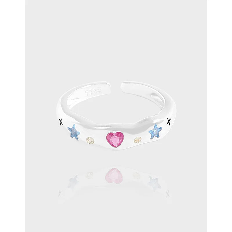 Colorful Star Heart Zircon Paved Wedding 925 Sterling Silver Open Finger Rings for Girls Fine Jewelry MegaBDM