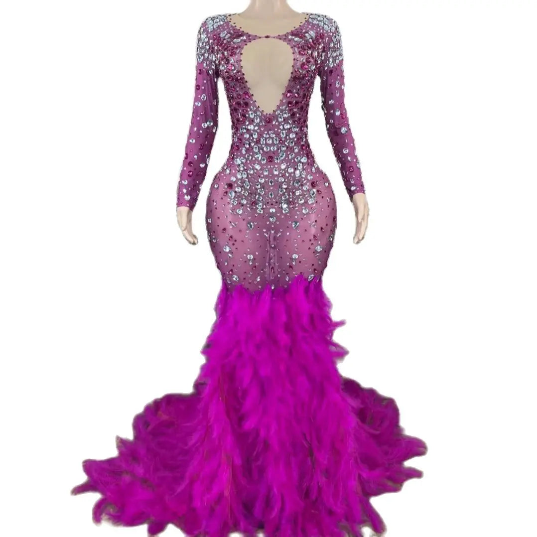 Saias Sexy See Through Pink Crystal Feathers Birthday Bridal Wedding Ball Gowns for Women Party Dress Mermaid Prom Evening Dress