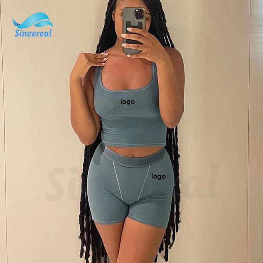 Custom Embroidery Logo Summer Rib Crop Tank Top Shirts and Short Women 2 Piece Lounge Wear Shorts Set