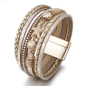 Summer Beach Starfish Shell Bracelet Wholesale Bohemia Women Bangles Hand Woven Leather Bracelet With Magnetic Clasp