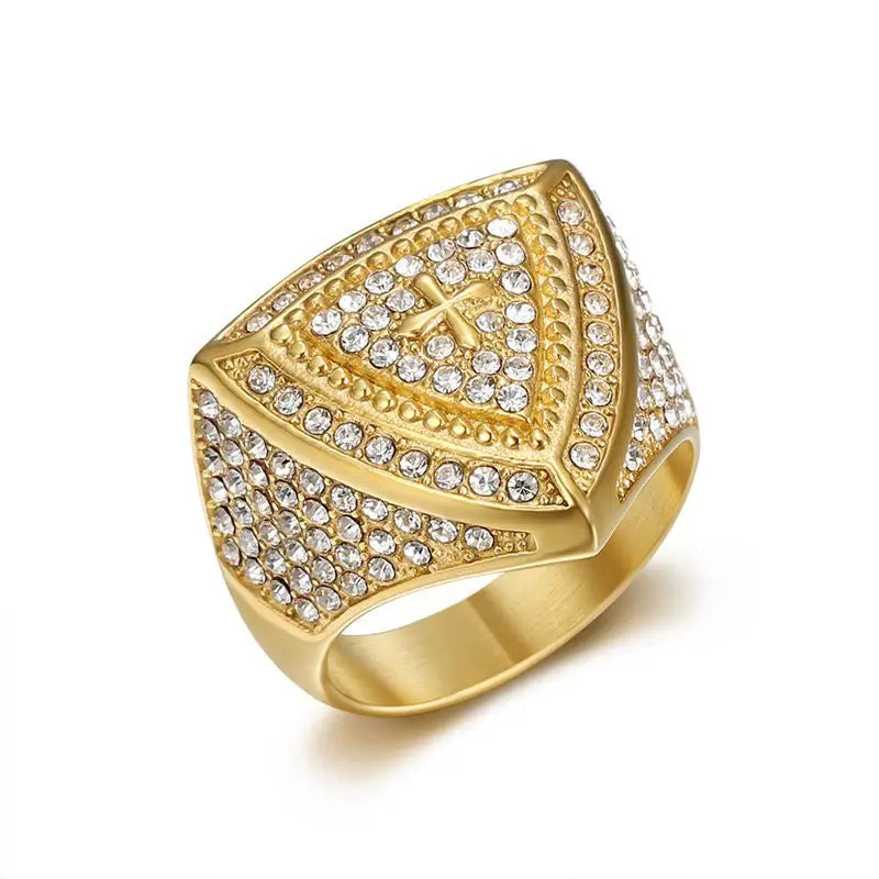 HIPHOP Men's Classic Style Stainless Steel Ring With Rhinestone Triangle Cross for Gift or Party Fashion Jewelry
