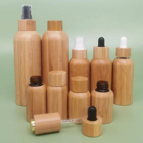 Cosmetic Containers 100% Organic Wood Bamboo 15ml 30ml 50ml Essential Oil Glass Bottles Droppers Jars Packaging Biodegradable