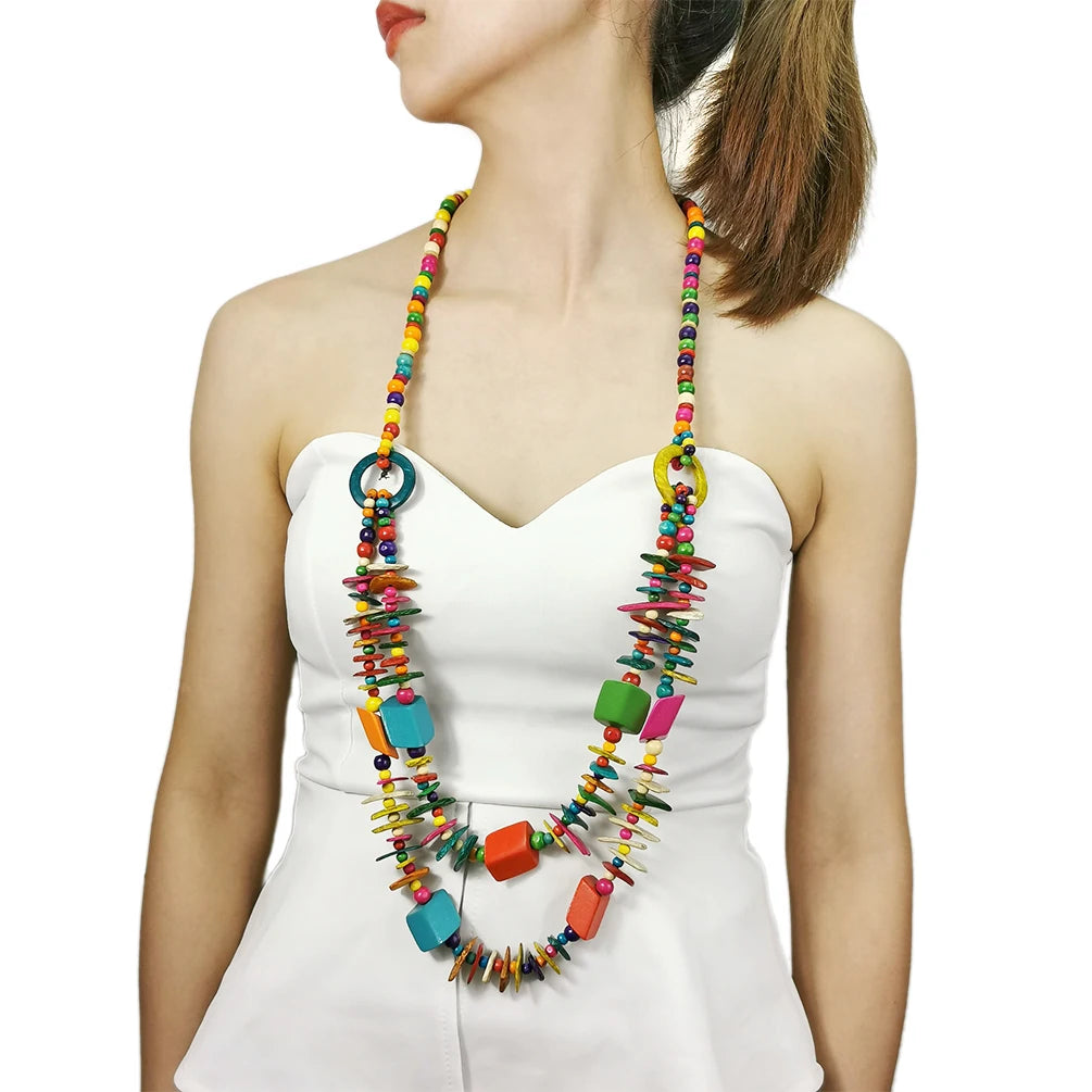 Wholesale Bohemian Multicolor Ethnic Long Necklace Square Wooden Blocks Coconut Shell Handmade Necklace Summer Beach Jewelry