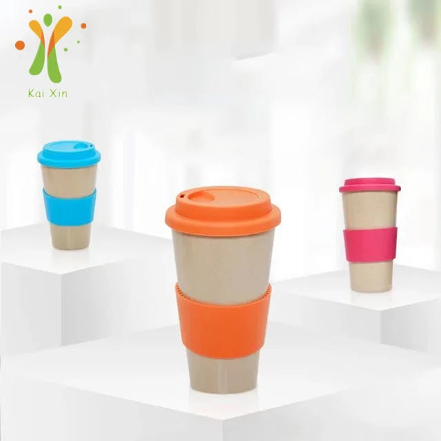 Natural Rice Husk Plastic Coffee Cup With  Silicone Lid and Sleeve