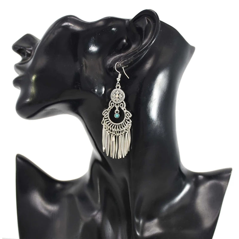 Vintage Silver Alloy Dangle Earrings for Women Tribal Boho Retro Long Chain Tassel Indian Jhumka Earrings