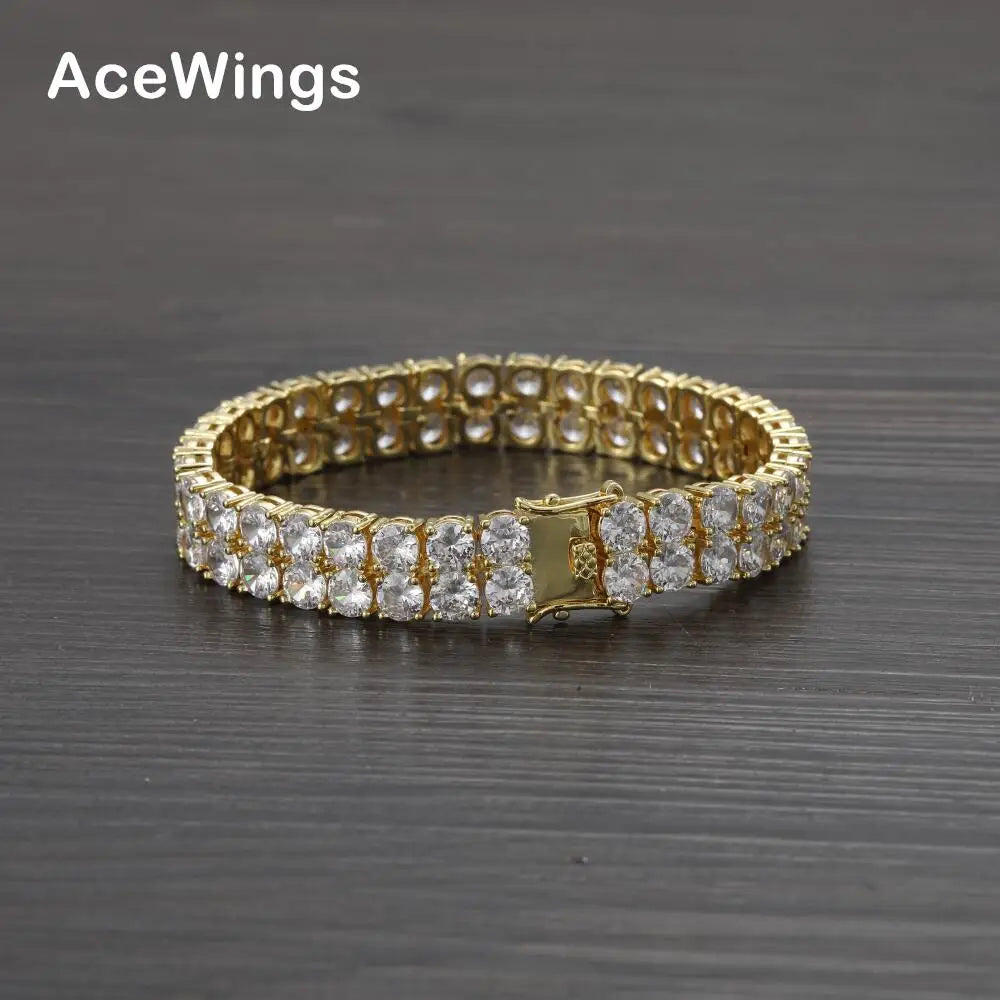 BB113 10mm 7inch 8inch Double Row Brass Zircon Tennis Chain Bracelet Hip Hop Jewelry Gold Silver Material Men CZ Bracelet