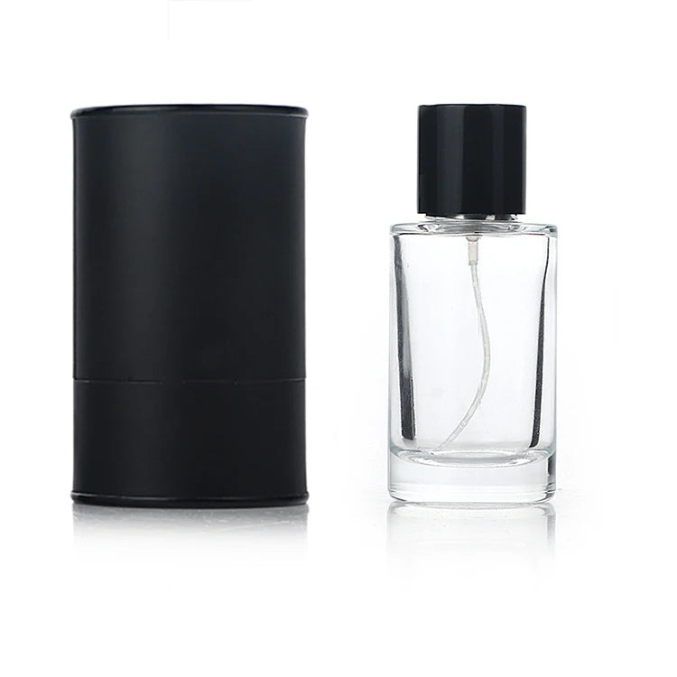 Wholesale Fancy Cylinder 50ml Perfume Bottle With Tube Packaging Box Custom Made Fine Mist Fragrance Sprayer Crimp Pump