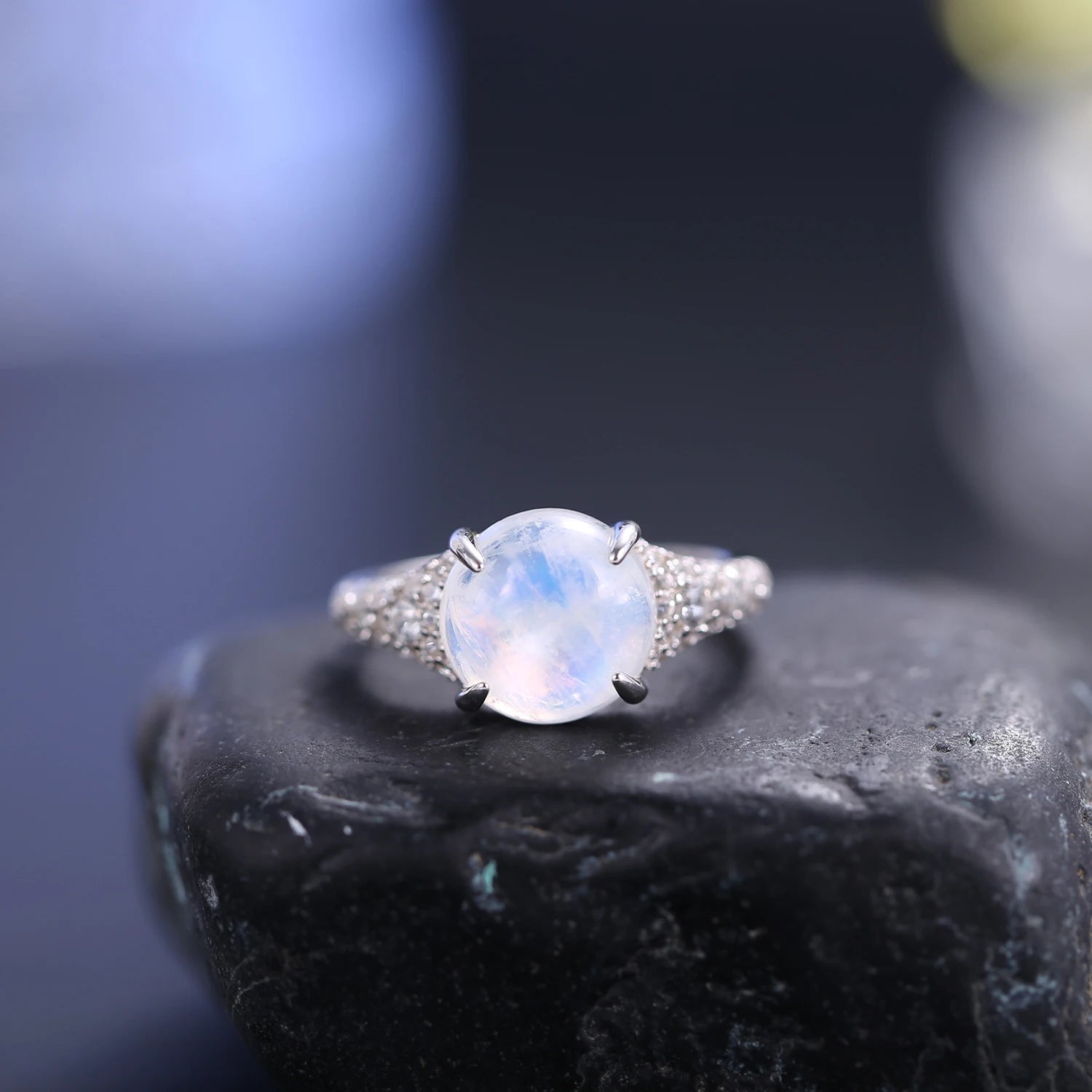 W0896 Abiding 925 Sterling Silver and Natural Gemstone Manufacturers Cabochon Cut Round 10mm Moonstone Ring