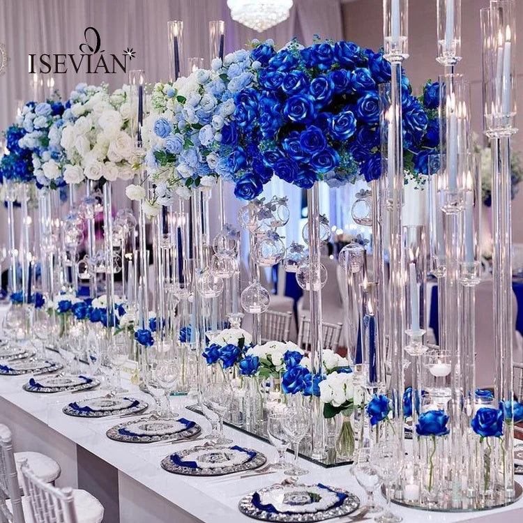 ISEVIAN Tall Blue and White Artificial Flower Centerpiece Wedding Table Decoration Flower Ball