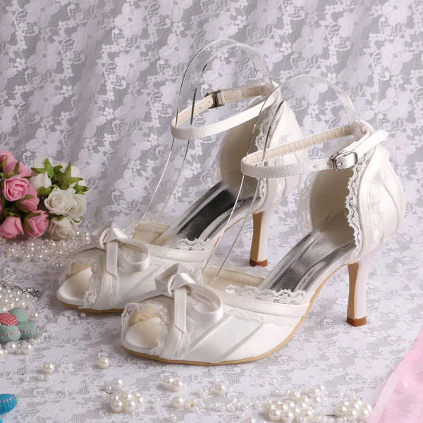 Customized Ivory Peep Toe Ankle Strap Bridal Shoes Lady