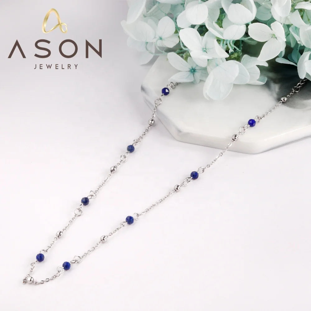 Ason New Arrivals Wholesale Waterproof Necklace Hypoallergenic Stainless Steel 10 Blue Beads + Steel Ball Pendant Necklace