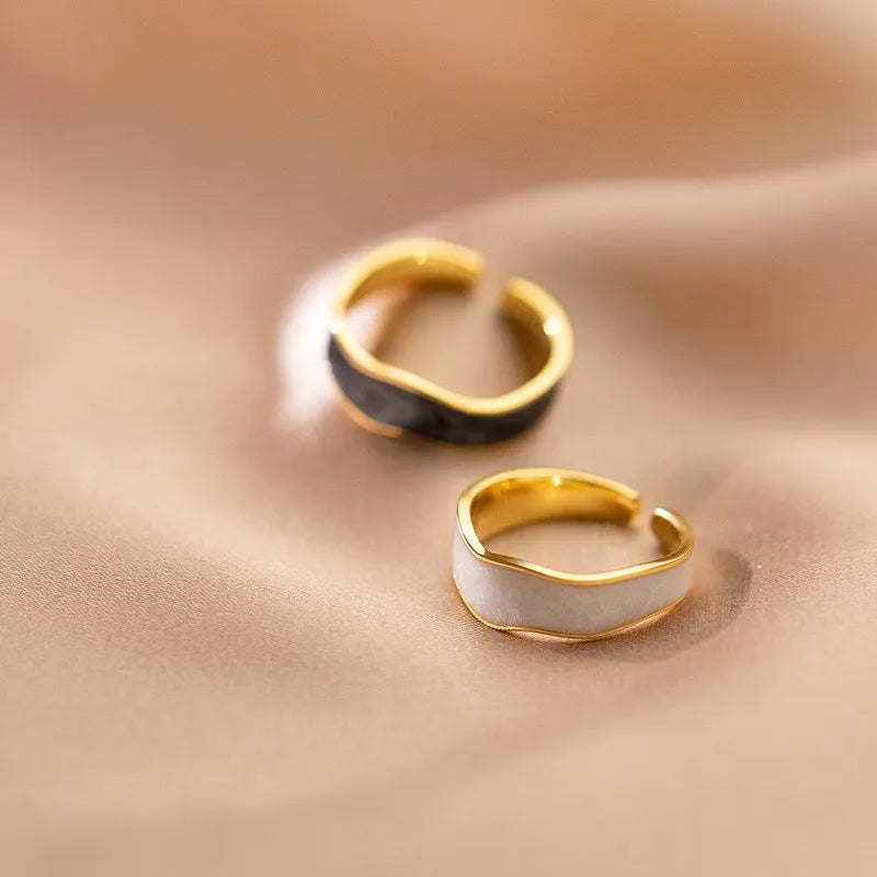 925 Sterling Silver Statement Black Ring Adjustable Open Gold Plated Geometric Shape White Rings Fashion Jewelry for Women