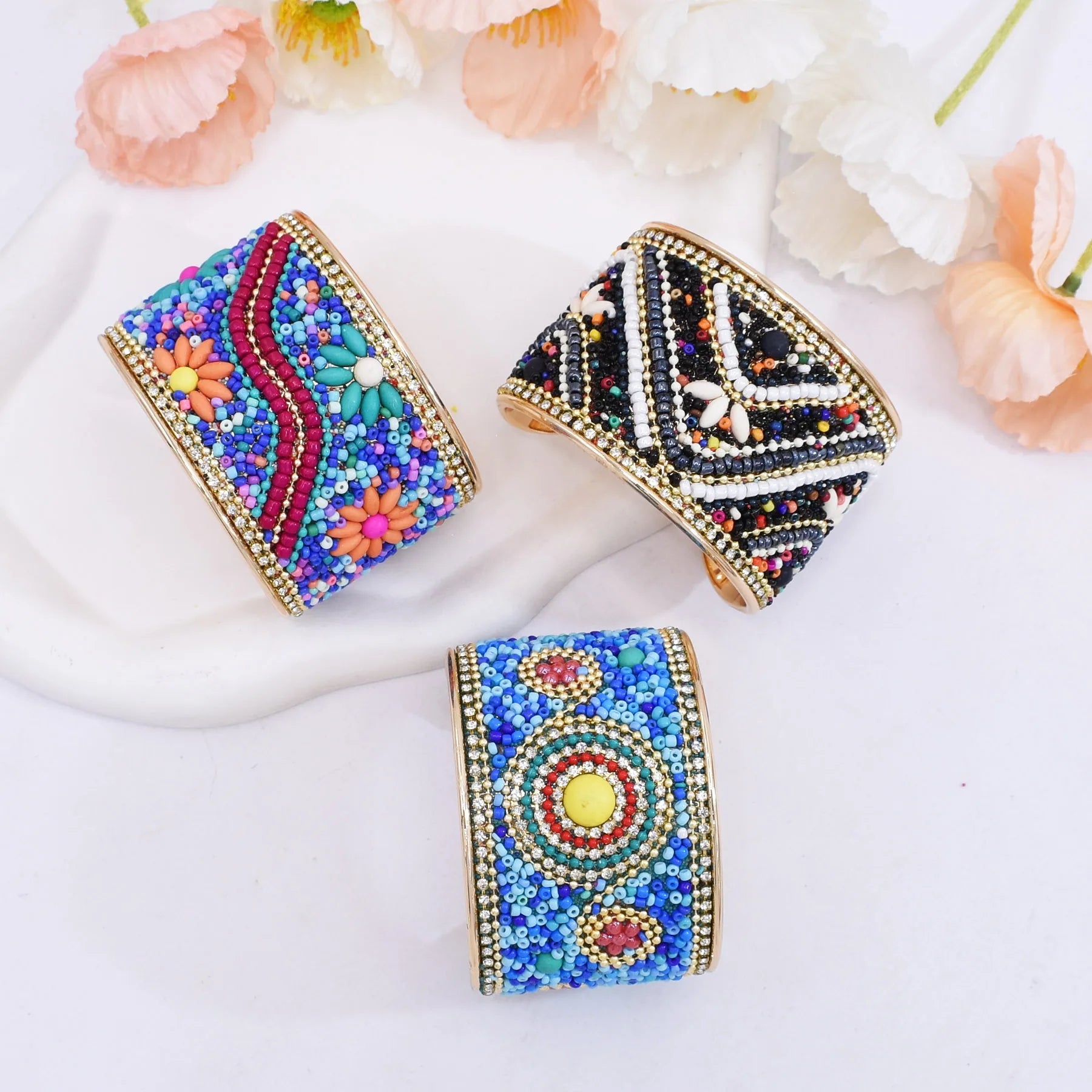 3 Styles Gold Plated Metal Beaded Flower Bangle Bracelet Bohemian Beads Flowers Opened Bracelet Jewelry Accessory