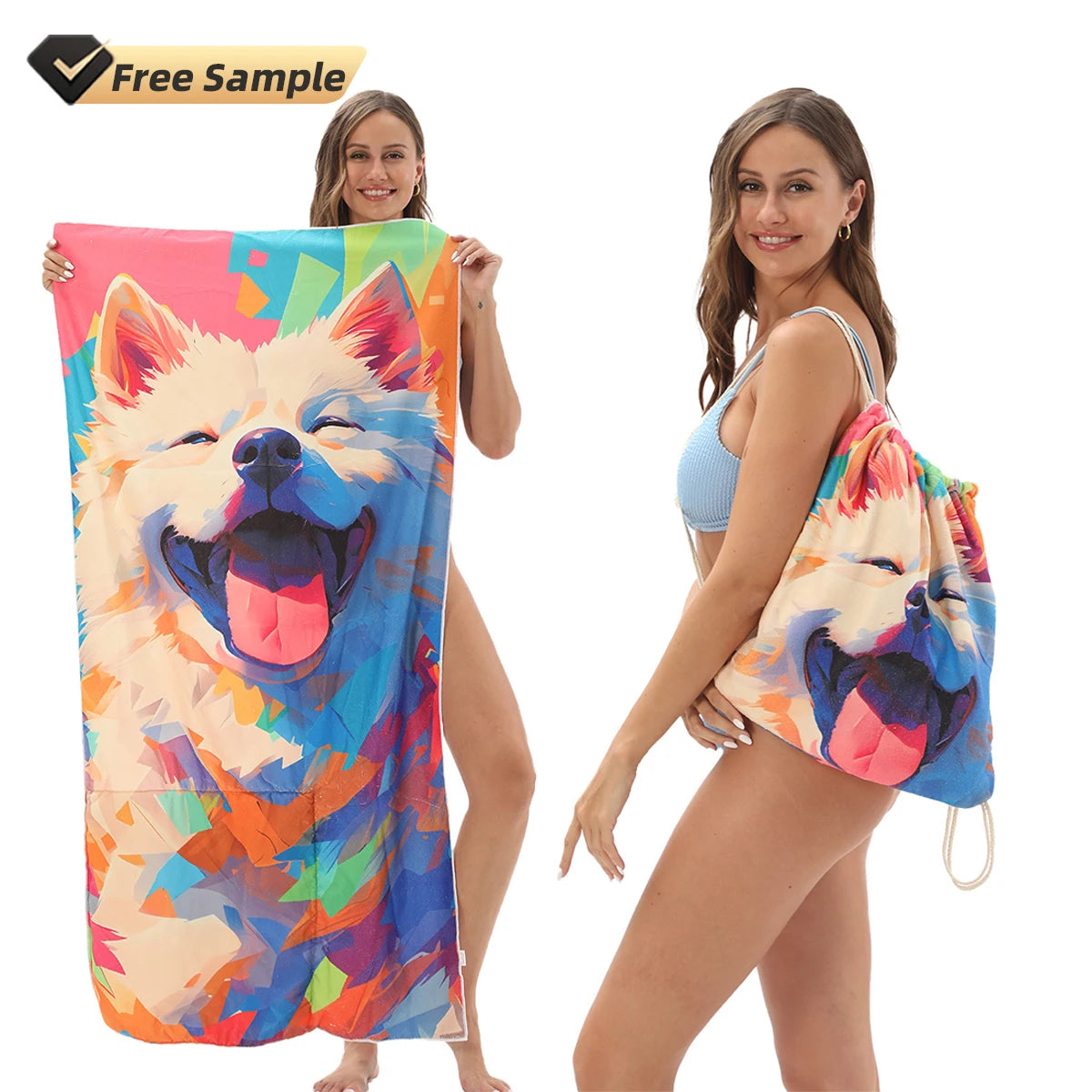 Custom 2-in-1 Folding Beach Bath Towel Drawstring Storage Pouch Quick-Dry Sand Proof Printed for Swimming Camping