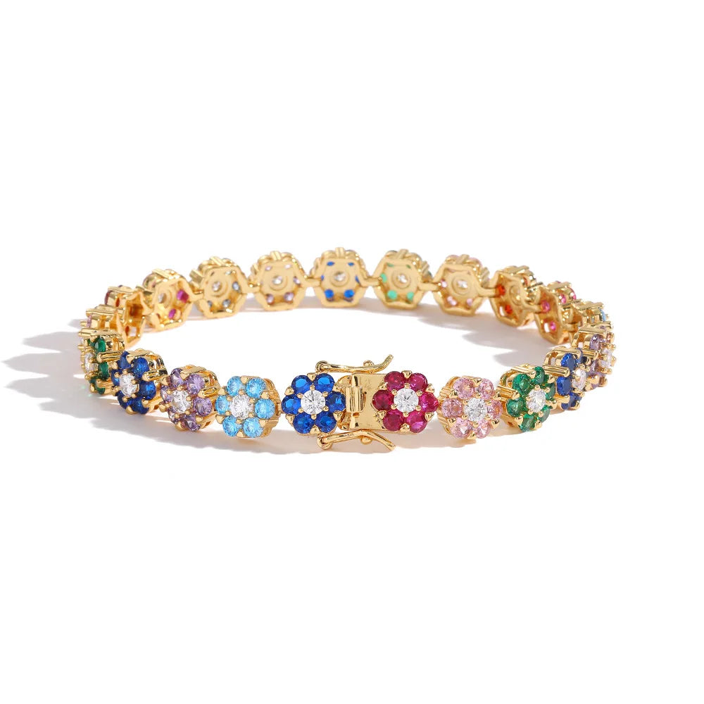 9mm Stocks Gold Plated Micro Pave Setting Mixed Color AAA Cubic Zircon Stone Flower Chain Bracelet