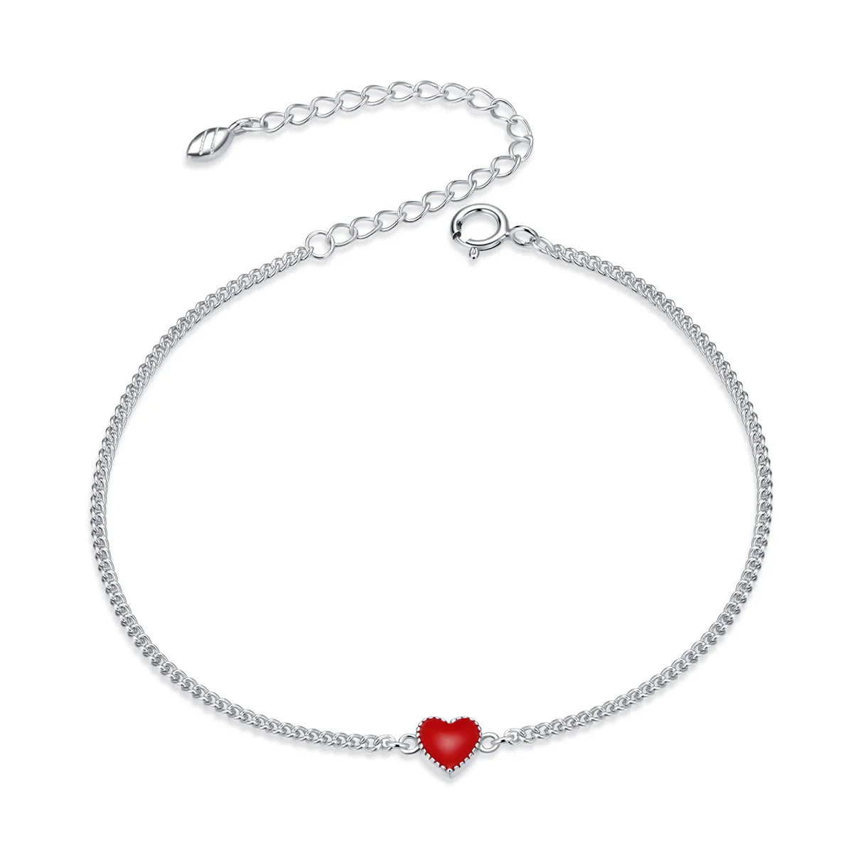 Authentic 925 Sterling Silver Simple Minimalist Red Heart Chain Bracelet for Women Enamel Statement Fine Jewelry SCB182