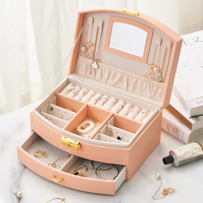 Wholesale Custom Logo Orange PU Leather Velvet Jewelry Box with Watch Holder Large Rectangle Gift Mirror for Jewellery Storage