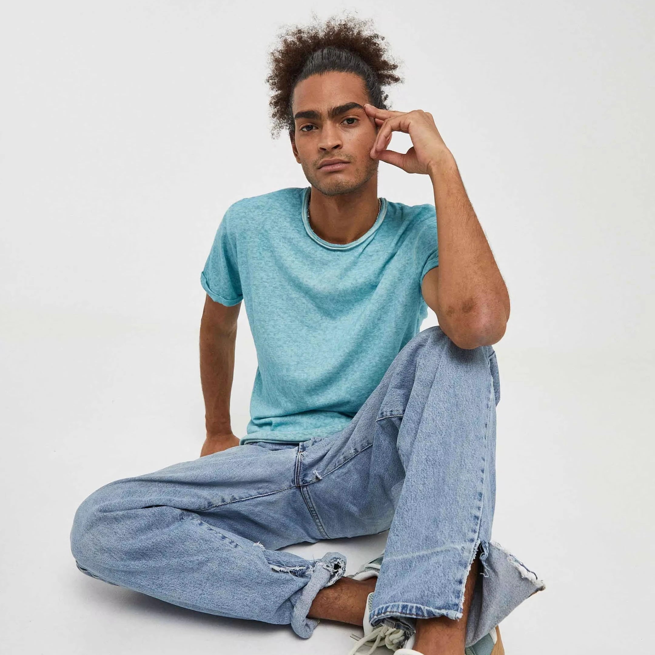 Men's Basic Solid CasualT-Shirt Washed Toast Color Size S Rolled Trim Blank Design Regular Fit Ajuste Coupe Caimento