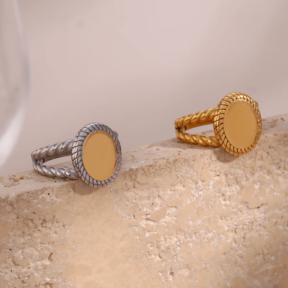 Waterproof 18K Gold Plated Stainless Steel Jewelry Hollow Out Metal Large Oval Rope Twist Rings Wholesale for Women