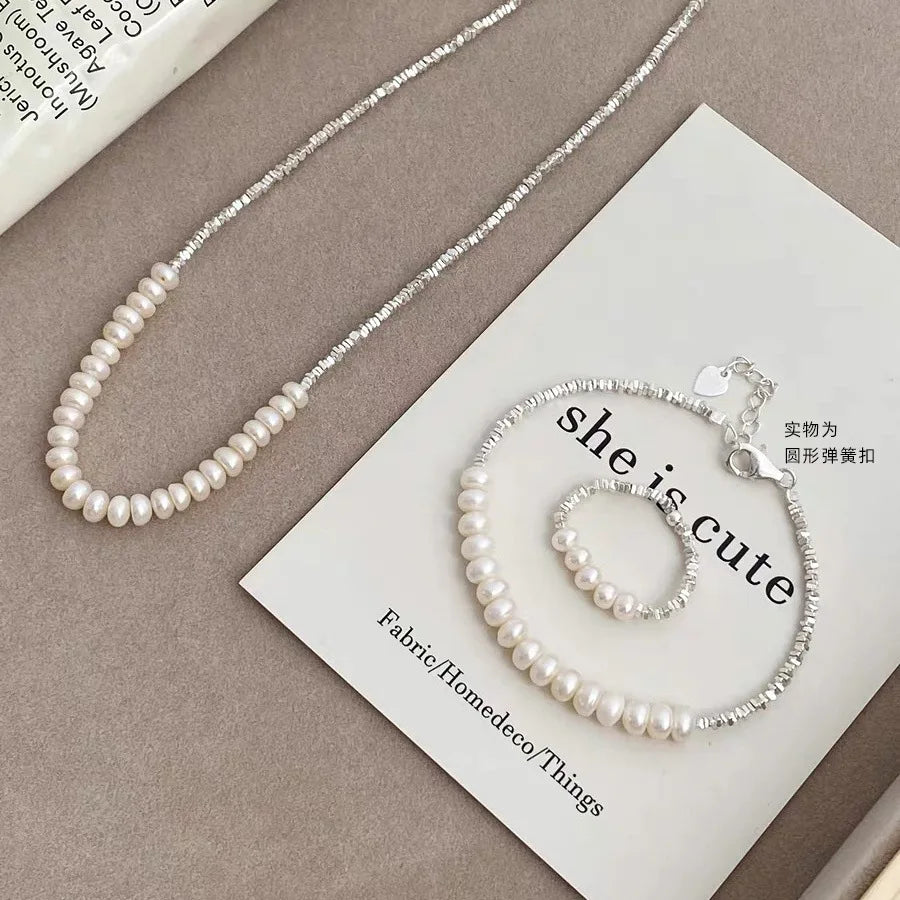 Elegance Pearl Jewelry Set 925 Sterling Silver Natural Freshwater Pearl Beaded Necklace/Ring/Bracelet Set for Woman