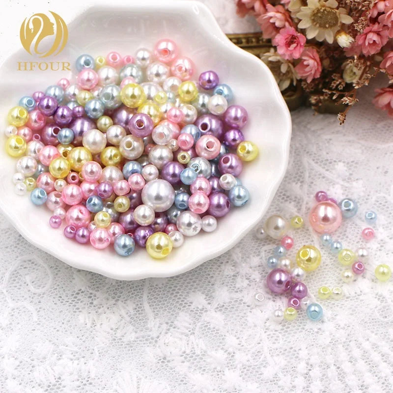 Wholesale HFOUR 3-8mm 3D Round Sew-On Rhinestones Mixed Size and Color Plastic Pearls with Hole 2 Facets for Garment & Nail Art